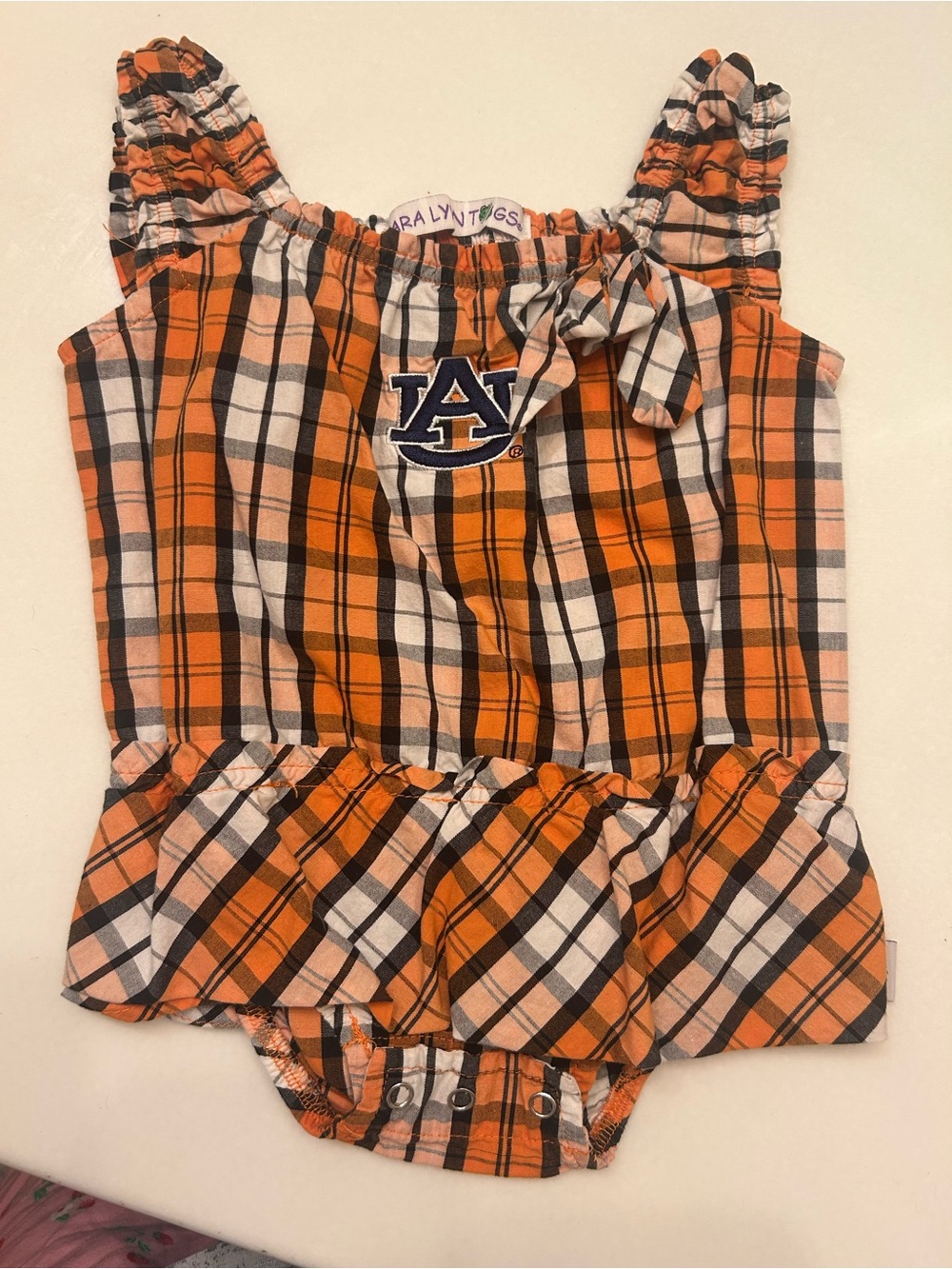 Sara Lynn Togs Auburn Orange Plaid Baby Romper with Ruffle